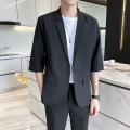 ins Lightly Mature Pu Shuai Short Sleeve Suit Men's Suit Summer Thin Korean Style Fashionable 3/4 Sleeve Casual Suit Jacket. 