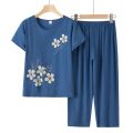 Grandma's Clothes Summer Wear Suit Printed Women's Short-Sleeved Cotton and Linen Loose Summer Clothes for the Elderly Two-Piece Set. 