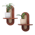 Small Plants Picture Ledge Wall Rattan Shelf Set of 2, Boho Rustic Wood Floating Shelves Wall Mounted Decoration. 