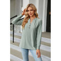 Yfashion Women Long Sleeves Tops Solid Color Design Button Shirt Blouse V-Neck Pullover Loose Jacquards T-Shirts Top. 