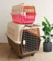 Large Pet IATA Approved Airline Travel Carrier Crate Pets Dog Cat Air Flight Box Checked Vet Visit Kennel Portable Foldable Breathable High Quality ABS PP Plastic Material Car Case Dogs Cats Medium Small Chrome Door Food Water Cup. 