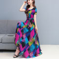 bellylady Women Cotton Casual Dress Floral Pattern Round Neck ing Short-sleeve A-line Long Dress. 
