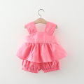 Terno Outfits For Kids Girl Summer Bow Solid Color Suspender Top And Shorts Set Dress For Kids Girls Baby Girl Cute Korean Cotton Beach Two Piece Set(0-3 Years Old). 