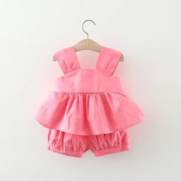 Terno%20Outfits%20For%20Kids%20Girl%20Summer%20Bow%20Solid%20Color%20Suspender%20Top%20And%20Shorts%20Set%20Dress%20For%20Kids%20Girls%20Baby%20Girl%20Cute%20Korean%20Cotton%20Beach%20Two%20Piece%20Set(0-3%20Years%20Old)%20-%20Image%205