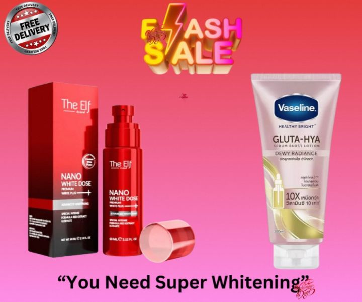 (Bundle Offer) The Elf Nano White Dose Premium White Plus Serum (60ml) & Vaseline Healthy Bright Gluta-Hya Serum Burst Lotion – Dewy Radiance (300ml)