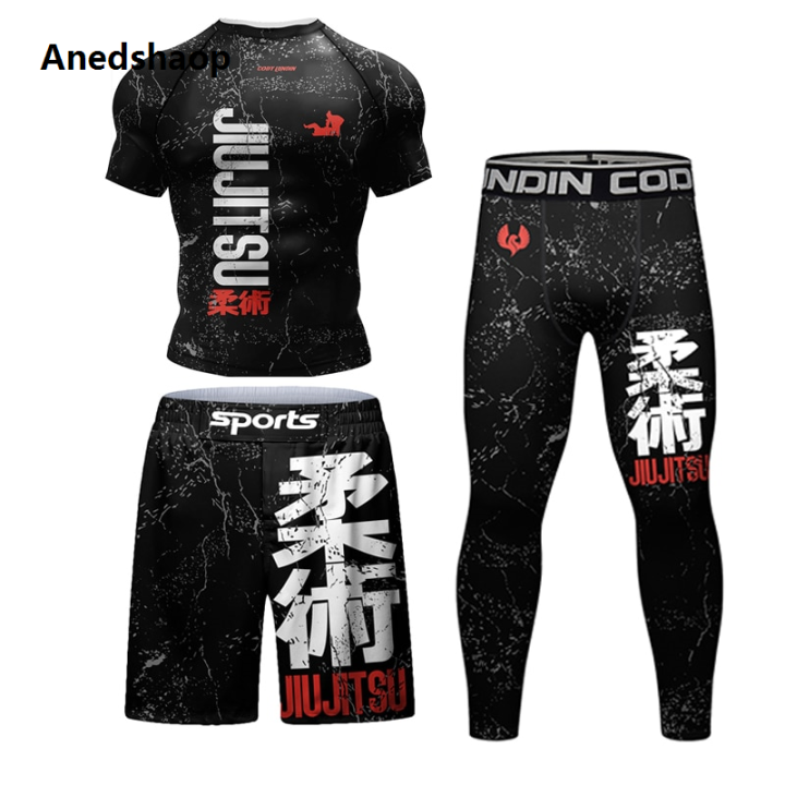Anedshaop New Jiu Jitsu Rashguard MMA T-shirt +Pants For Men 4PCS/Set Brazilian Profesional Grappling Bjj Boxing Rash Guard Sport Clothing Gym Shorts
