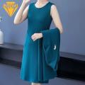 Comfortable Women Suit Spring Fall Women's Elegant Solid Color Long Cardigan Dress Suit Set for Middle-aged Ladies Sleeveless O Neck Open Front Coat Kit Women Dress Coat Suit. 