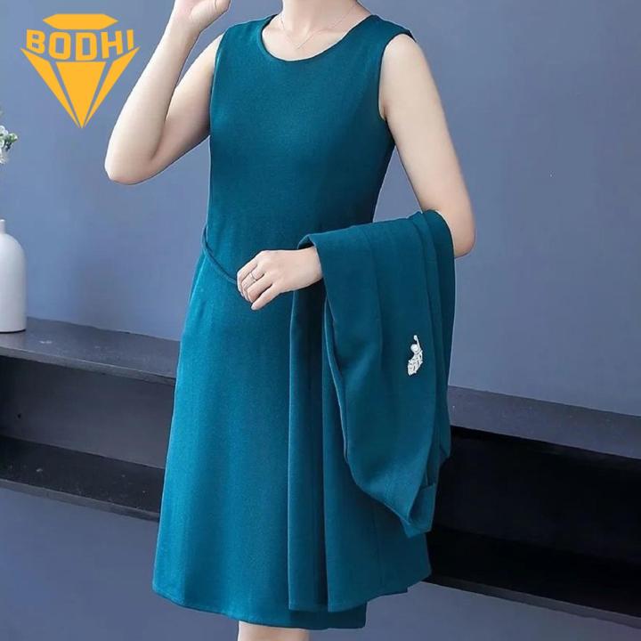 Comfortable%20Women%20Suit%20Spring%20Fall%20Women's%20Elegant%20Solid%20Color%20Long%20Cardigan%20Dress%20Suit%20Set%20for%20Middle-aged%20Ladies%20Sleeveless%20O%20Neck%20Open%20Front%20Coat%20Kit%20Women%20Dress%20Coat%20Suit%20-%20Image%202