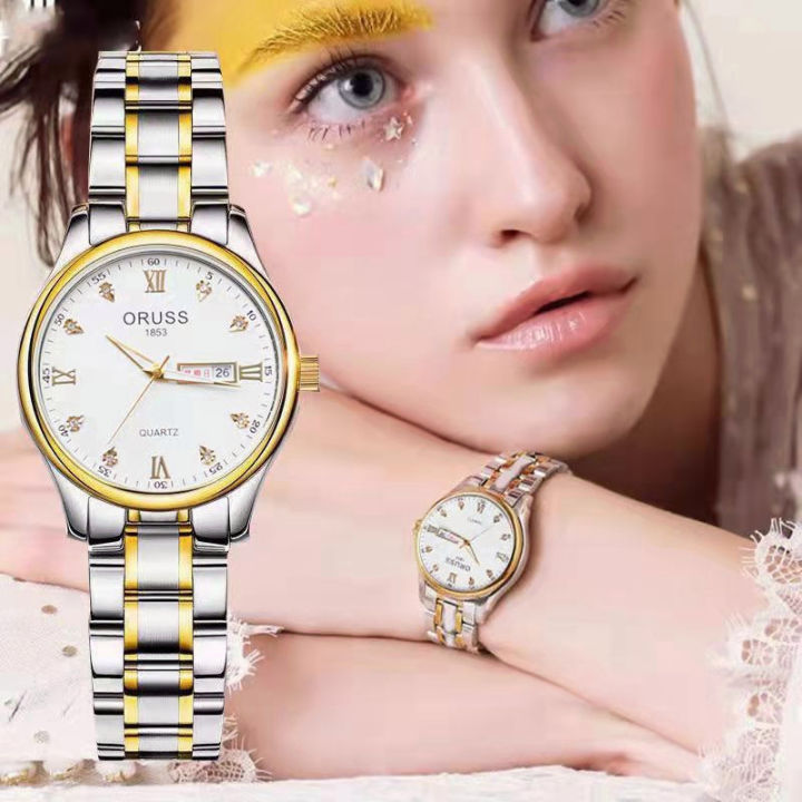 Relo Oruss Watch for women Pawnable 3ATM Water proof Date Steel Strap Couple watch