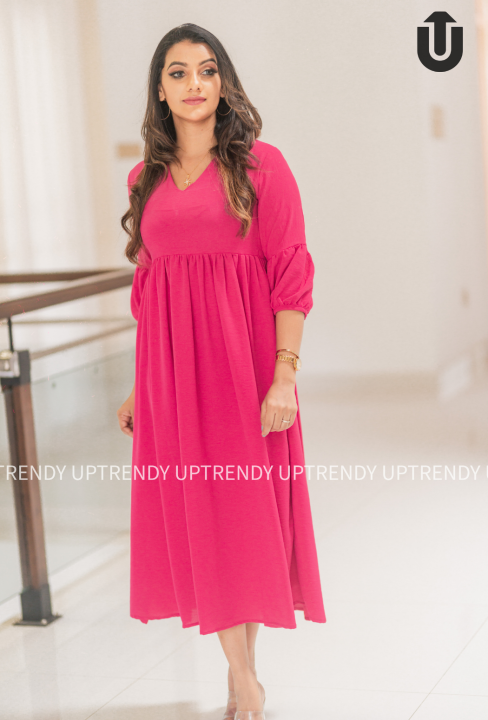UpTrendy%20Hot%20pink%20Long%20Sleeves%20Long%20cotton%20frock%20%7C%20Dresses%20for%20women%20%7C%20Dress%20with%20side%20pockets%20-%20Image%205