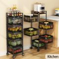 5 Layer Fruit Vegetable Storage Basket, Multi-Layer Square Rotating Kitchen Storage Shelf, Rotatable Kitchen Storage Rack Trolley with Wheels. 