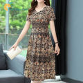 【ETOP】Women V-neck Dress Summer Ice Silk Short Sleeves A-line Skirt Large Size Loose Casual Dress Fashion Clothing. 