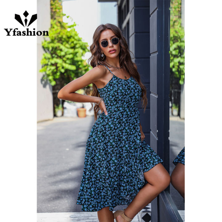 Yfashion Women Summer Floral Midi Dress Sleeveless Spaghetti Strap Middle  Waist A Line Dress Beach Dresses