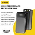 Aspor 10000mAh Power bank 22.5w Output - A315 22.5w fast charge, 3 inputs, 4 outputs, high quality display, 10000mah power bank, 4 in-built cables. 