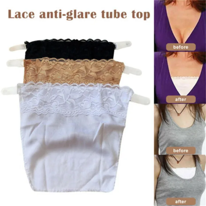 Lace Bra clip-on panel Seamless Adjustable Mock Lace mock camisole Clip-on Soft fabric Cleavage insert for  wear Party or event Deep neckline tops Nursing or breastfeeding moms Modesty cover up