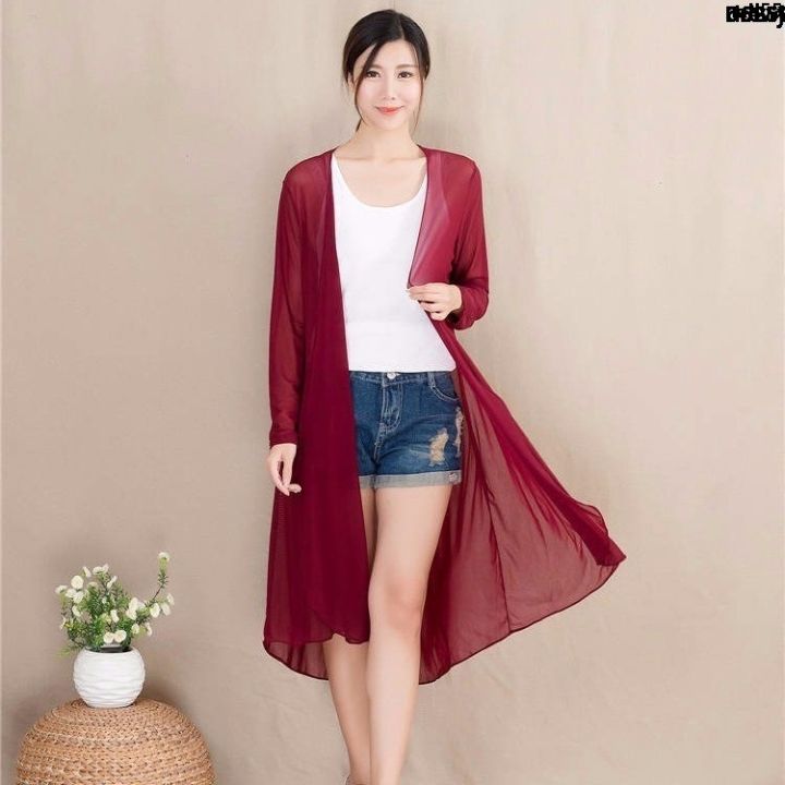 Beachwear Women's Long Anti-Outer -︵? Cloak Women's Sun-Drying Mesh Models Thin and Long Sleeves Coat Mid-Length Cardigan Summer plus Size Shawl ?