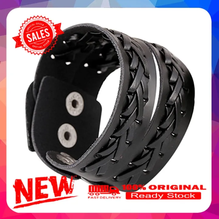 Men's Vintage Style Braid 2 Layer Leather Bangle Punk Wristband Cuff Bracelet