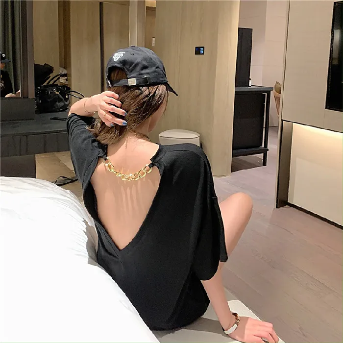 2023New%20Women's%20Spring%20Clothing%20Western%20Style%20Backless%20Short%20Sleeve%20Loose%20Chain%20Top%20Mid-LengthTT-shirt-%20-%20Image%206