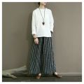 Yfashion Women Cotton Trendy Striped Wide Leg Pants Cotton Linen Loose Large Size Casual Trousers Straight Breathable Pants. 