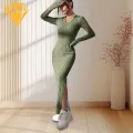 Women Long-sleeved Lapel Dress Elegant V Neck Maxi Dress for Women Perfect for Shopping Dating Parties Slim Fit with Slit Hem Long Sleeves Ankle Length Knitted Design for Spring Fall Fashion. 