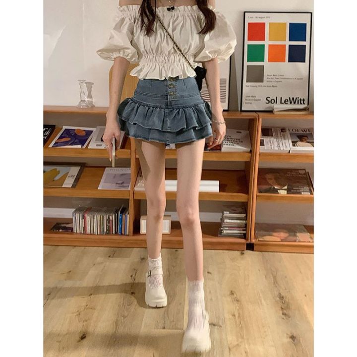 Hot Girl Ruffled Denim Skirt Women's Summer New Korean Style Breasted High Waist Slimming Anti-Emptied Miniskirt