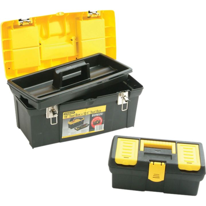13 inch Tool Box Plastic Tool Box with Tray and Organizers Includes Removable Three Small Parts Boxes