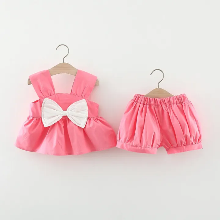 Terno%20Outfits%20For%20Kids%20Girl%20Summer%20Bow%20Solid%20Color%20Suspender%20Top%20And%20Shorts%20Set%20Dress%20For%20Kids%20Girls%20Baby%20Girl%20Cute%20Korean%20Cotton%20Beach%20Two%20Piece%20Set(0-3%20Years%20Old)%20-%20Image%204