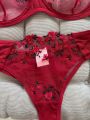 Floral Embroidery Lingerie Set, Mesh Unlined Bra & Mesh Panty, Women's Lingerie & Underwear. 