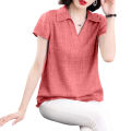 bellylady Women Cotton Plus Size Blouse Summer Short Sleeves V Neck T-shirt Casual Cotton Linen Loose Tops. 