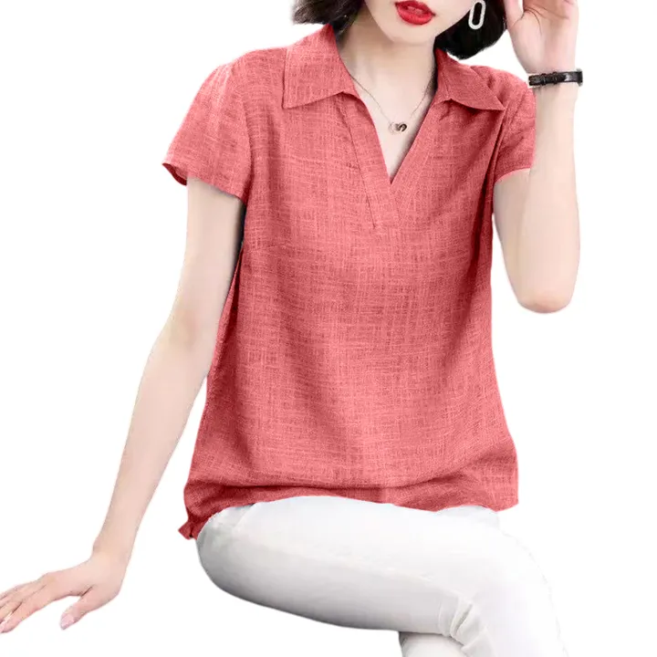 bellylady%20Women%20Cotton%20Plus%20Size%20Blouse%20Summer%20Short%20Sleeves%20V%20Neck%20T-shirt%20Casual%20Cotton%20Linen%20Loose%20Tops%20-%20Image%203