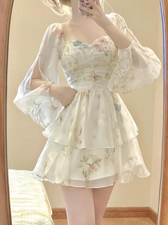 French Elegant Floral Mini Dress Chiffon Long Sleeve Evening Party Dress  Women Holiday Beach Boho Fairy Dress Korean 2024 Robes | Daraz.lk