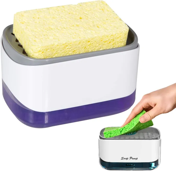Dish Soap Dispenser for Kitchen, Soap Dispenser and Sponge Holder, Countertop Soap Pump Dispenser, 2-in-1 Soap Dispenser-One Hand Soap Pump Dispenser