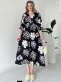 Neetu Collection Women's 3/4 Sleeves Rayon Fabric V Neck Front Slit Flower Printed Midi Dress for Wedding Party & Festive - Pink. 