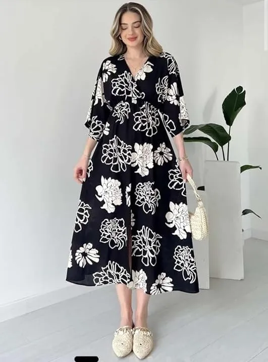 Neetu%20Collection%20Women's%203/4%20Sleeves%20Rayon%20Fabric%20V%20Neck%20Front%20Slit%20Flower%20Printed%20Midi%20Dress%20for%20Wedding%20Party%20&%20Festive%20-%20Pink%20-%20Image%207
