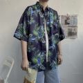 Hong kong style retro ulzzang Short Sleeve Printed Shirt Men's Harajuku Style Loose ins Shirt Beach Couple Sun-Protective Clothing Tide. 