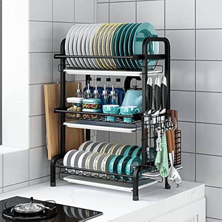 Metal 3-Tier Dish Rack – Utensil Holder, Cutting Board Stand & Drain Tray for Kitchen