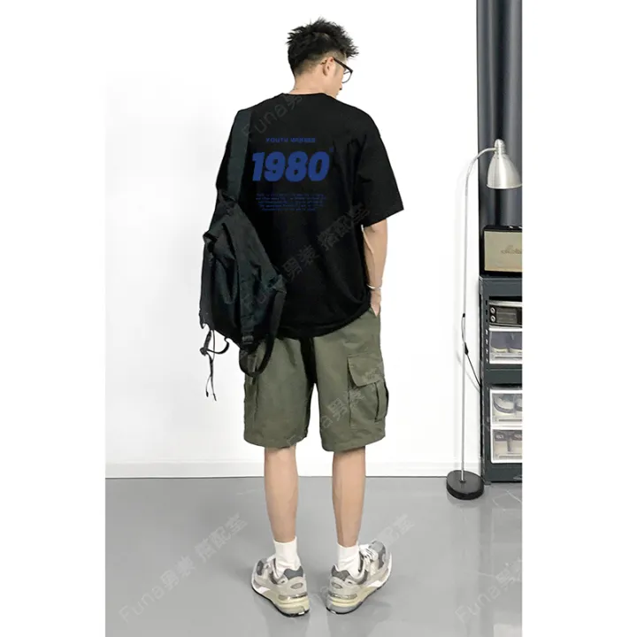 Summer%20Trendy%20Men%20ins%20Online%20Red%20High-Looking%20Hong%20Kong%20Style%20Two-Piece%20Suit%20with%20Half%20Sleeves%20T%20T-shirt%20Leisure%20Cargo%20Shorts%20-%20Image%204