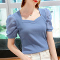 Yfashion Women Cotton Blouse Ice Silk V Neck Plus Size Shirt Loose Fashion Casual Puff Short Sleeve Pullover Tops color. 