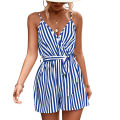 Yfashion Women Stripe Print V Neck Beach Shorts Romper Jumpsuit With Belt Sexy Fashion Suspender Jumpsuit For Beach Party. 