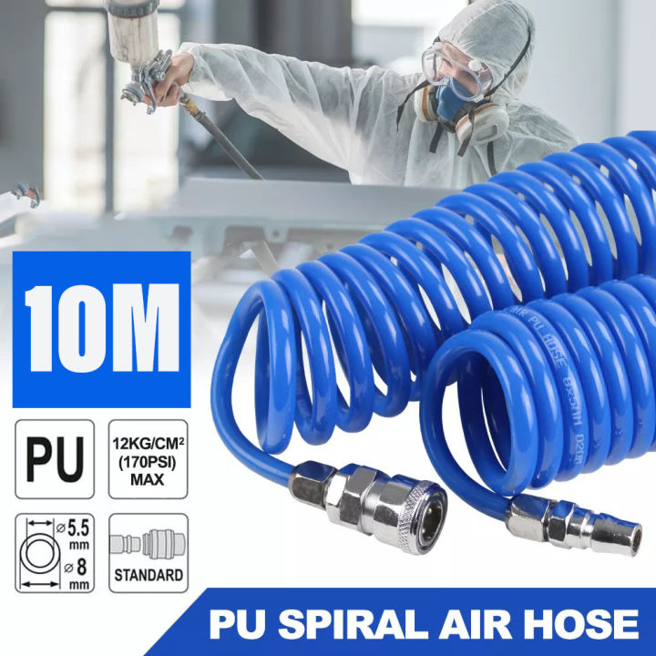Air Hose 10-Meter Flexible Spiral Recoil Air Pipe Polyurethane Pneumatic Spring Tube for Compressor Air Tool 8mm x 5mm