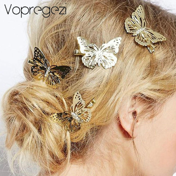 【LuxeGlow】Vopregezi 6pcs Shining Metal Hairpins Headdress Golden Butterflies Headwear Hair Cilps Hairgrip Hair Accessories for Women