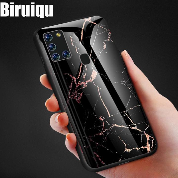 Biruiqu For Samsung Galaxy A21s Shockproof Fashion Marble Tempered Glass Back Case Cover