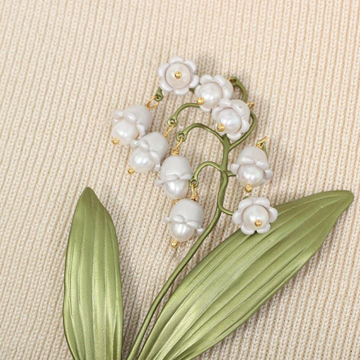 Luxury Quality Elegant Creative Pearls Bell Orchid Brooches For Women Lily Of The Valley Green Leaves Plant Brooch Jewelry Accessories For Woman