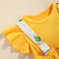 2Pcs Sweet Style Baby Girls Outfit, Toddlers Summer Floral/Lemon/Dot Printing Fly Sleeve Splicing Romper + Bow Headwear Set. 