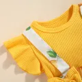 2Pcs Sweet Style Baby Girls Outfit, Toddlers Summer Floral/Lemon/Dot Printing Fly Sleeve Splicing Romper + Bow Headwear Set. 