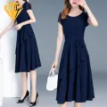 Elegant Midi Dress Summer Lace-up A-line Midi Dress for Women Elegant O-neck Short Sleeve Streetwear. 