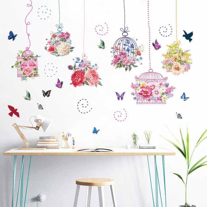 Pastoral Style Butterfly Flower Bird Cage Wall Sticker Living Room Bedroom Decorations Wallpaper Mural Removable Stickers