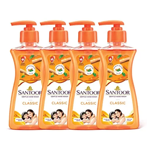 Santoor Classic Gentle Hand Wash Pump with Natural Goodness of Sandalwood & Tulsi| Rich Lathering Formula With Anti-Bacterial Properties| Soft on Hands| Soothes & Hydrates Skin (200ml, Pack of 4) FROM INDIA ABR