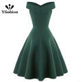 Yfashion Women Cotton Elegant Solid Color Dress Fashion Sleeveless Off Shoulder High Waist Large Swing Evening Dress For Party. 