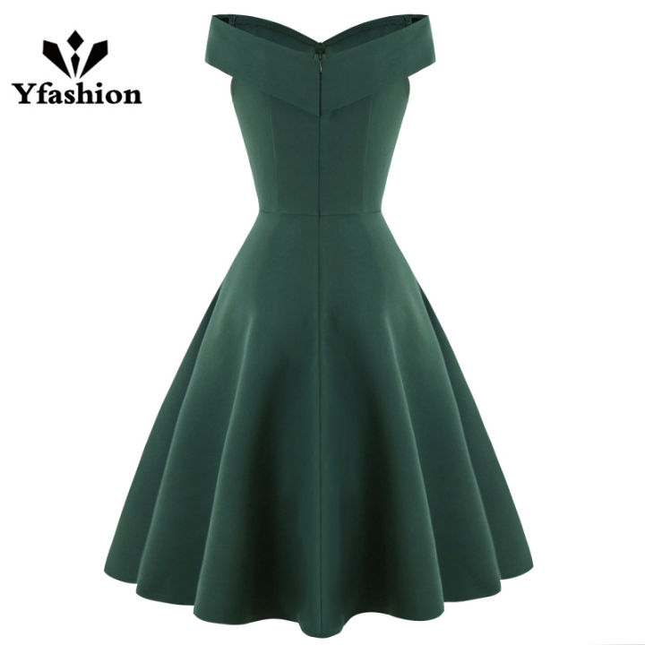 Yfashion Women Cotton Elegant Solid Color Dress Fashion Sleeveless Off Shoulder High Waist Large Swing Evening Dress For Party
